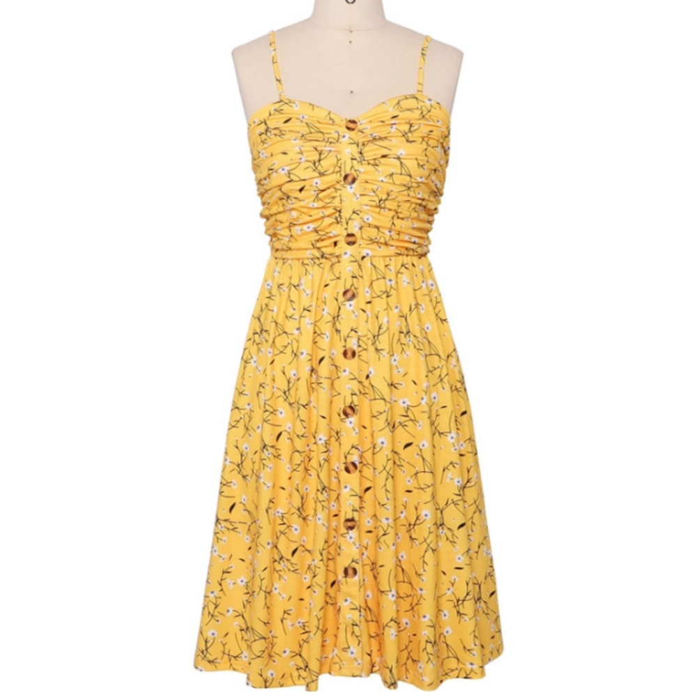Yellow Floral Button-Front Ruched Sundress, Size XL - Picture 3 of 6